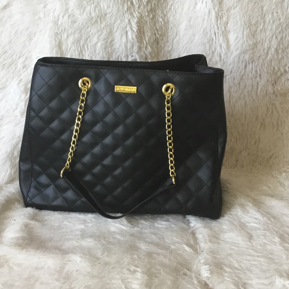 Black Quilted Shoulder Tote Bag with Gold Chain Straps